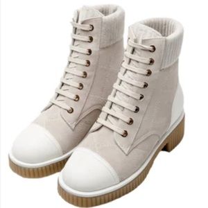 Goodnight Macaroon 'Natalie' Beige Quilted Platform Lace Up Boots